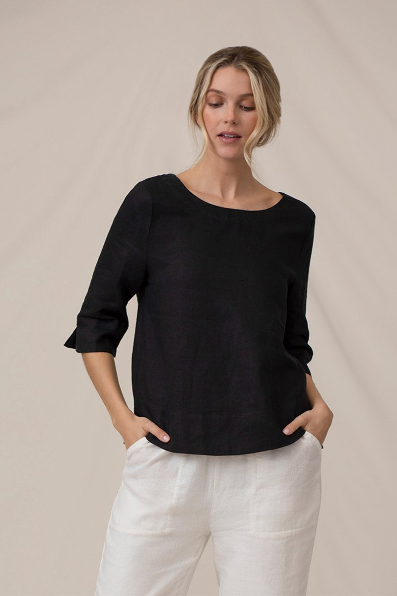 Linen Loose Blouse, Black Linen Top, 3/4 Sleeves Shirt, Comfortable Blouse,  Washed and Sof Black Linen Handmade Top, Matutu Linen Style 