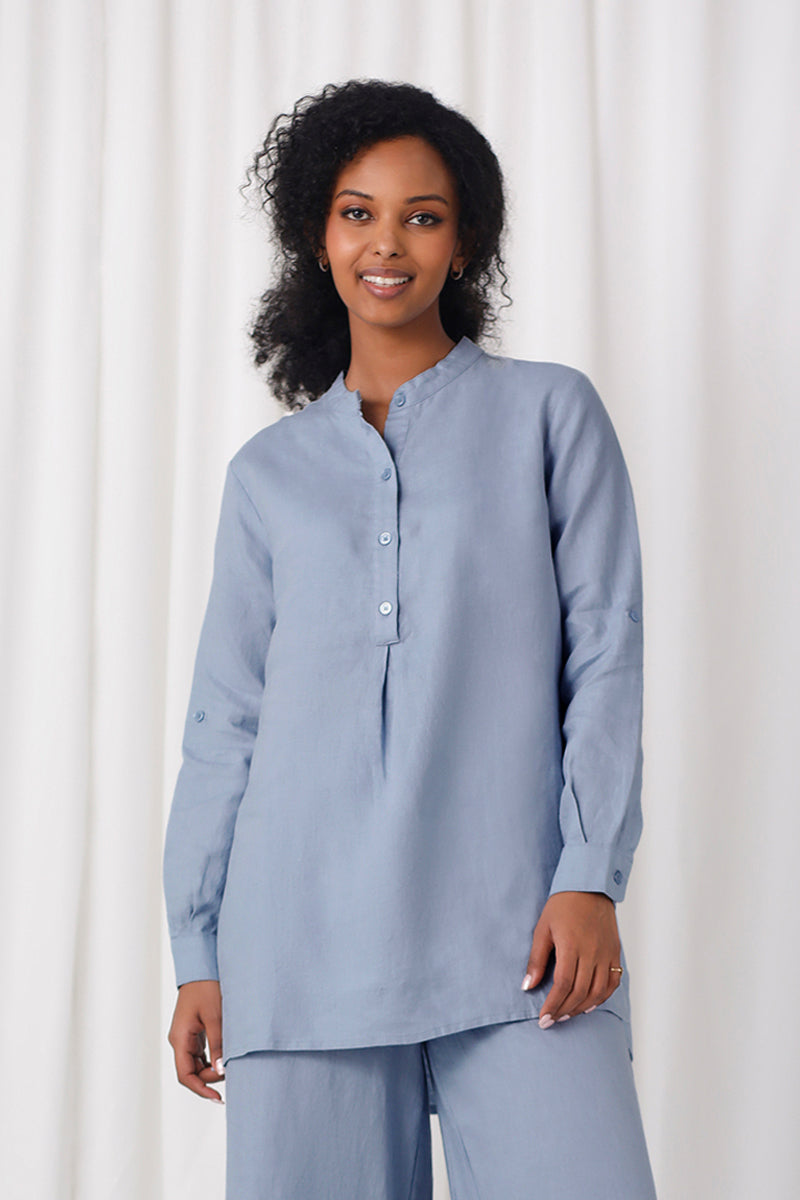 Linen Mandarin Collar Tunic | Chambray