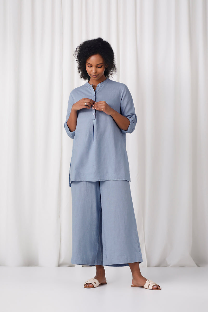 Linen Mandarin Collar Tunic | Chambray