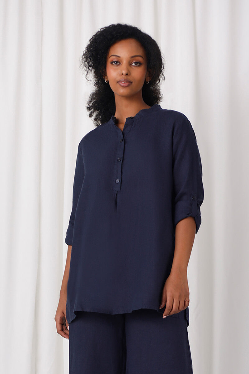 Linen Mandarin Collar Tunic | Navy