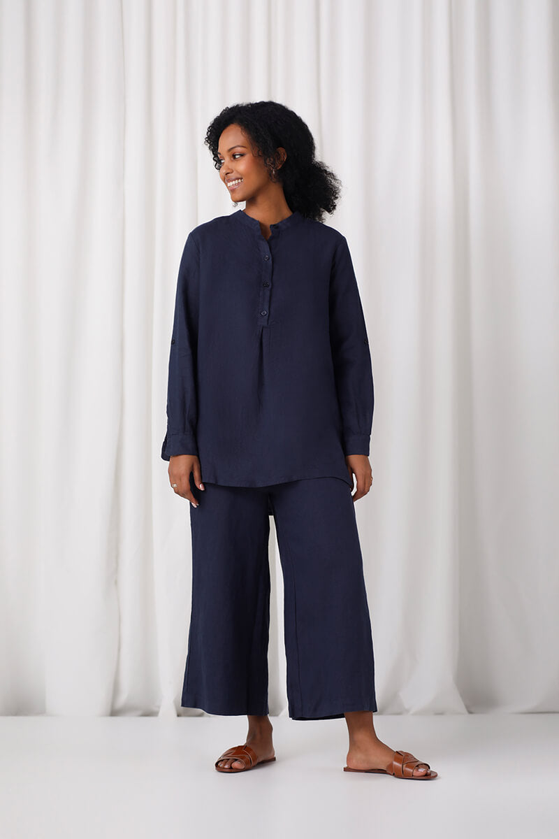 Linen Mandarin Collar Tunic | Navy