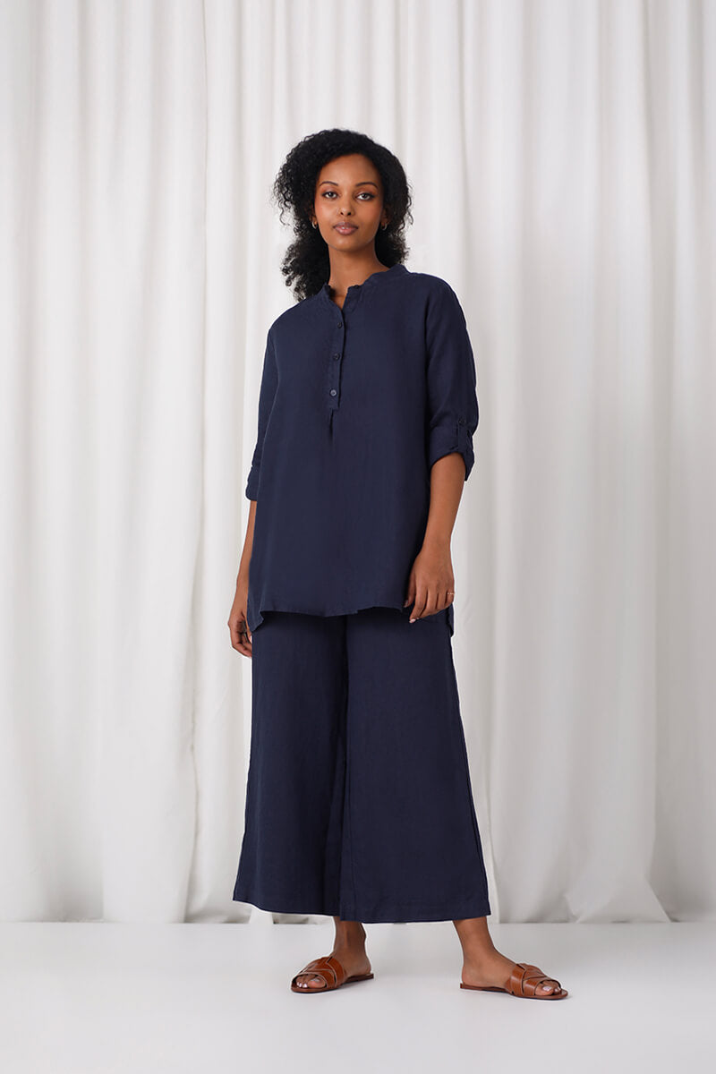 Linen Mandarin Collar Tunic | Navy