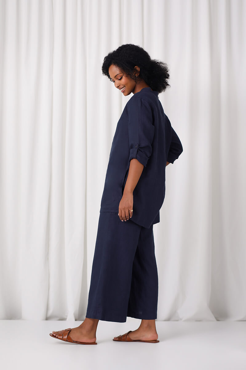 Linen Mandarin Collar Tunic | Navy