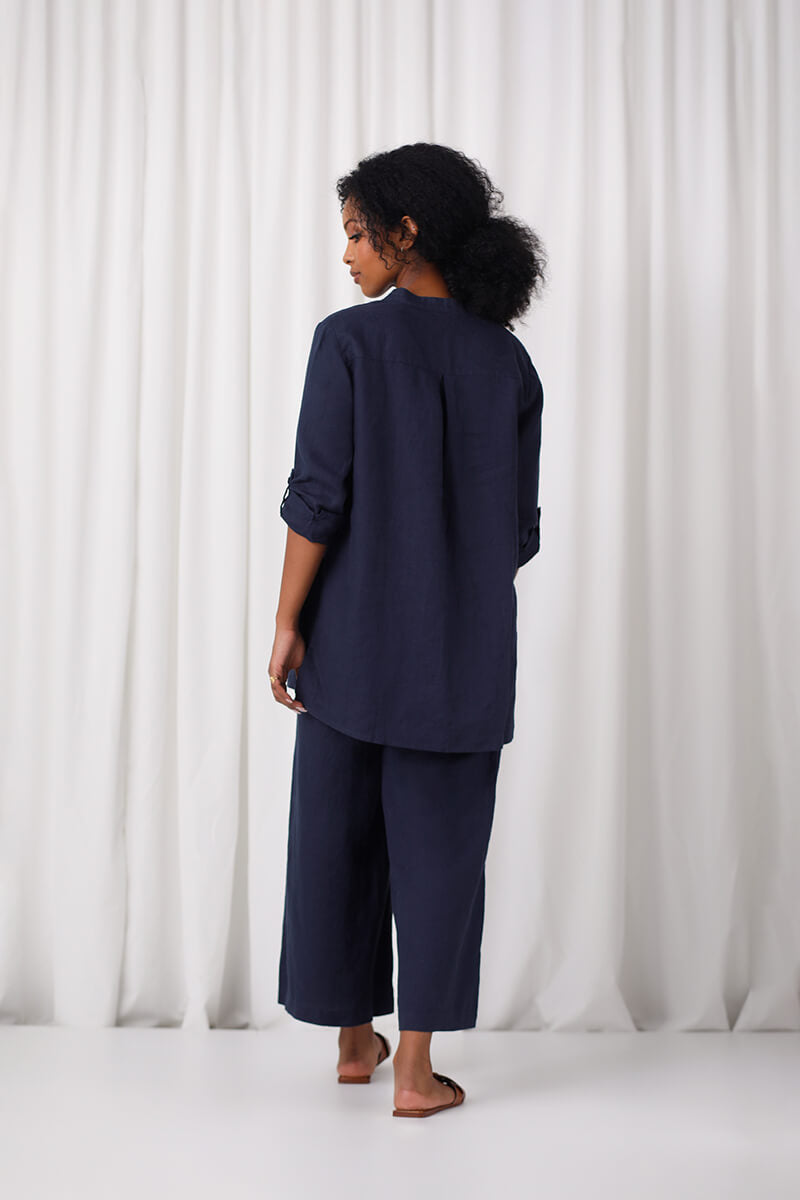 Linen Mandarin Collar Tunic | Navy