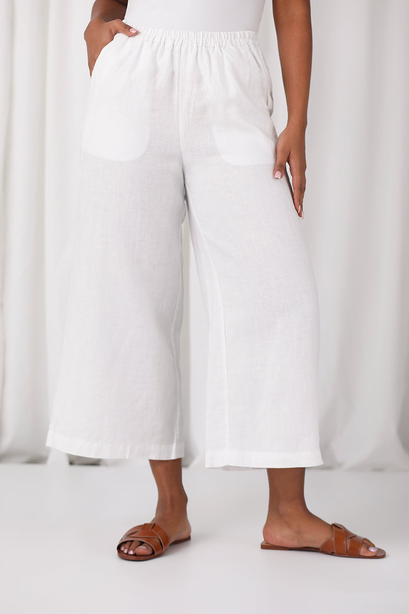 Linen Wide Leg Crop | White