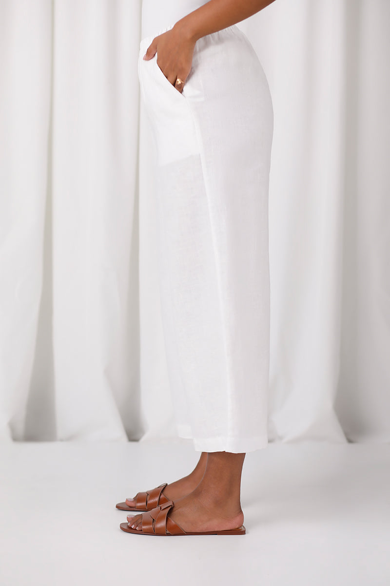 Linen Wide Leg Crop | White