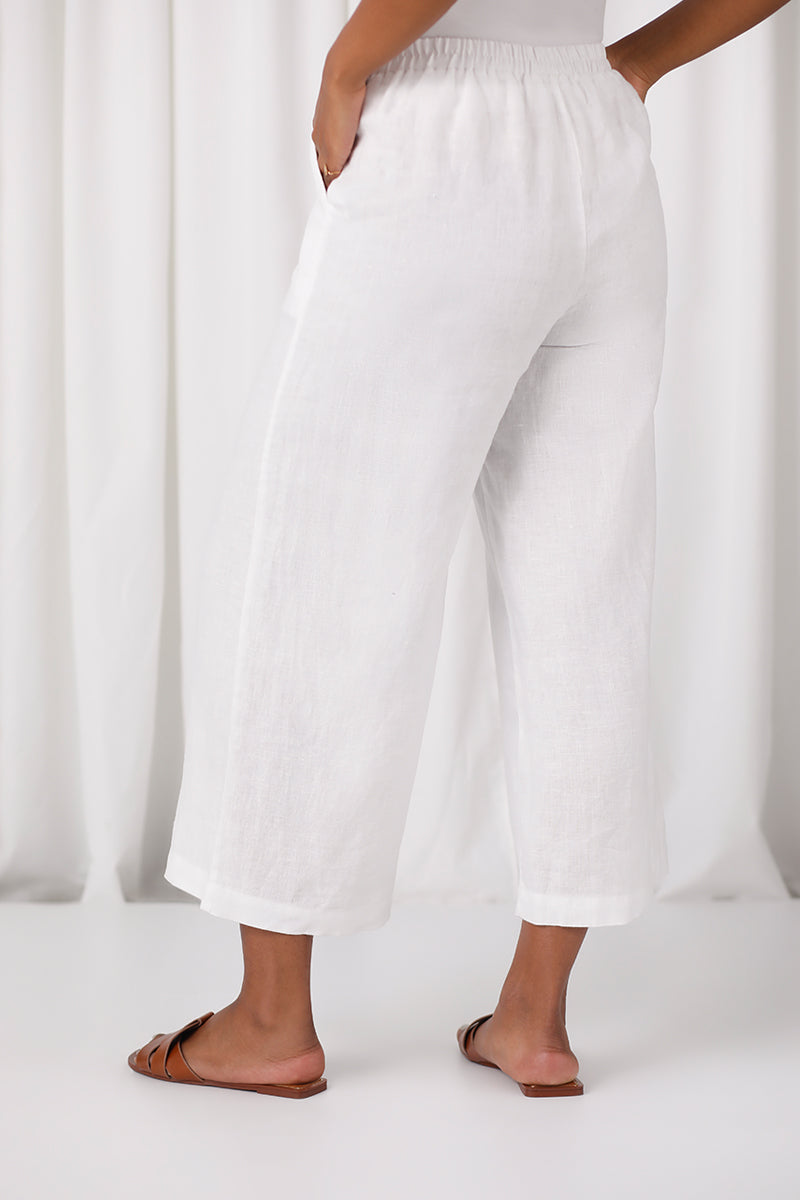 Linen Wide Leg Crop | White